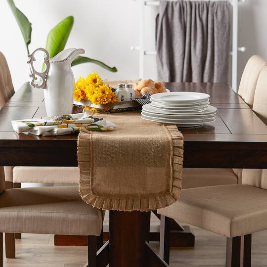 DII® Natural Ruffle Trim Jute Table Runner, 14x108 inch